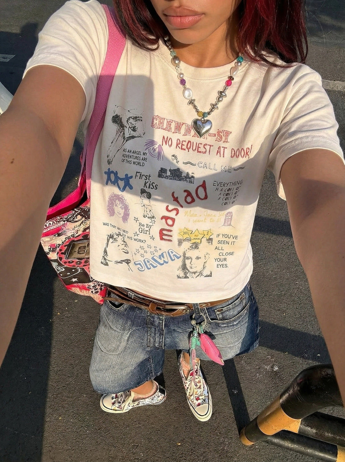 DAXUEN Vintage-washed graphic t-shirt with collage print — model photo