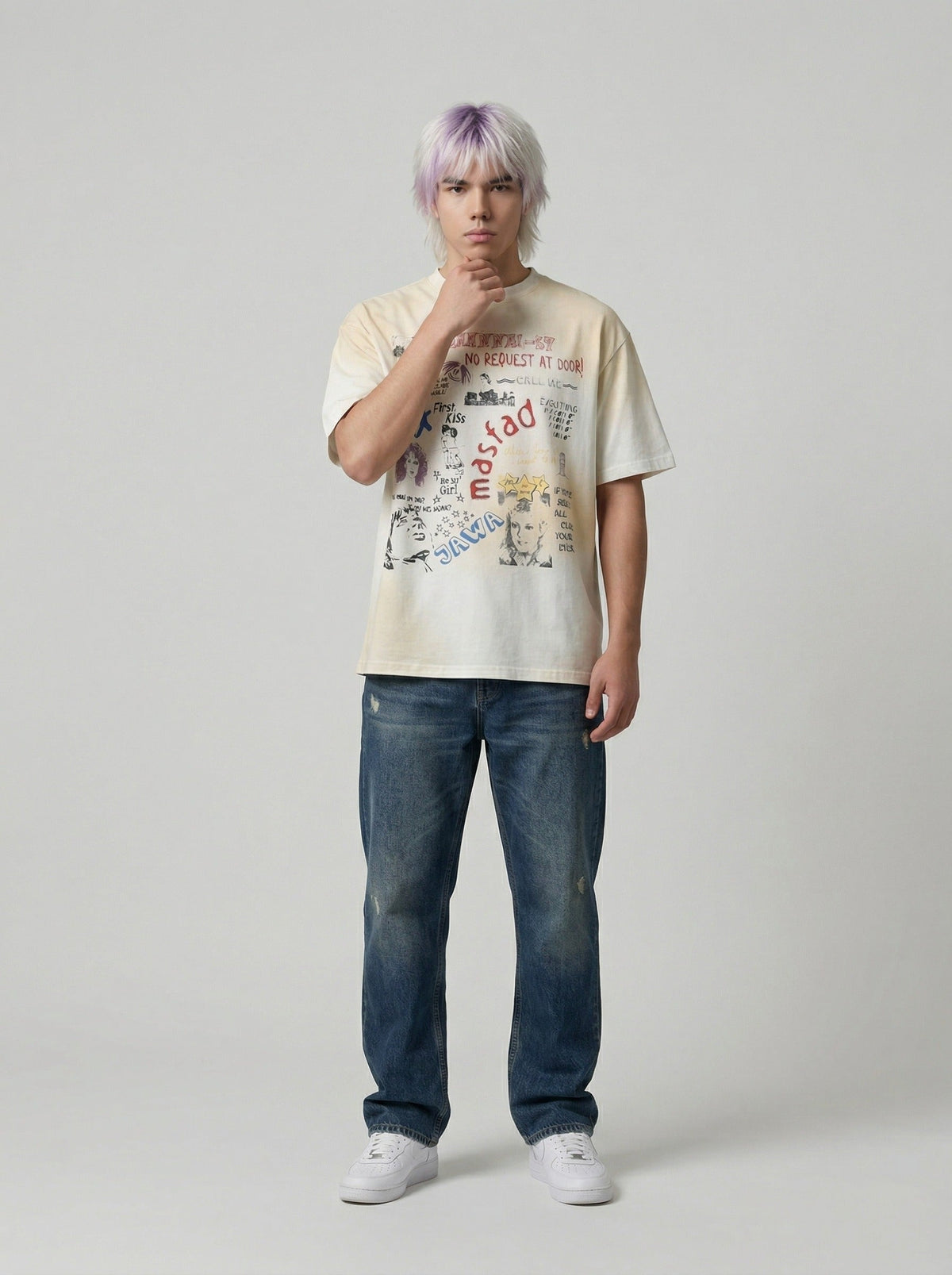 DAXUEN Vintage-washed graphic t-shirt with collage print — model photo
