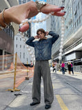 DAXUEN Wide leg denim pants with curved panels and topstitching — model photo