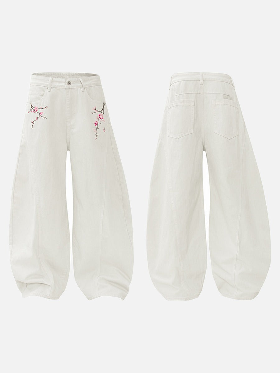 DAXUEN Women's wide-leg balloon pants with cherry blossom embroidery