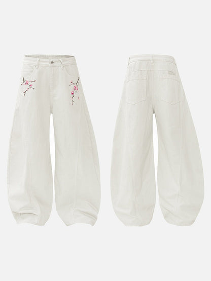 DAXUEN Women's wide-leg balloon pants with cherry blossom embroidery