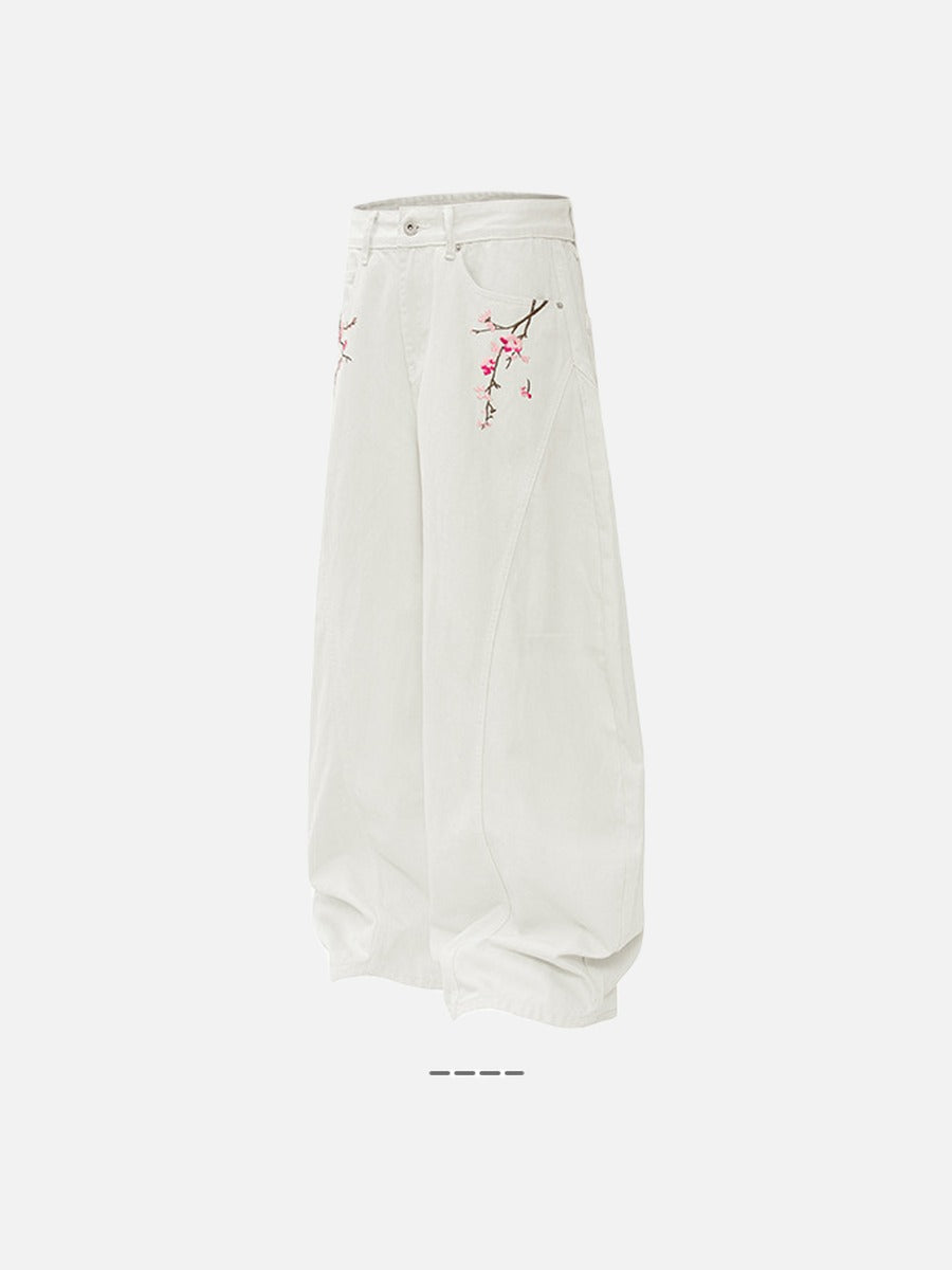 DAXUEN Women's wide-leg balloon pants with cherry blossom embroidery — model photo