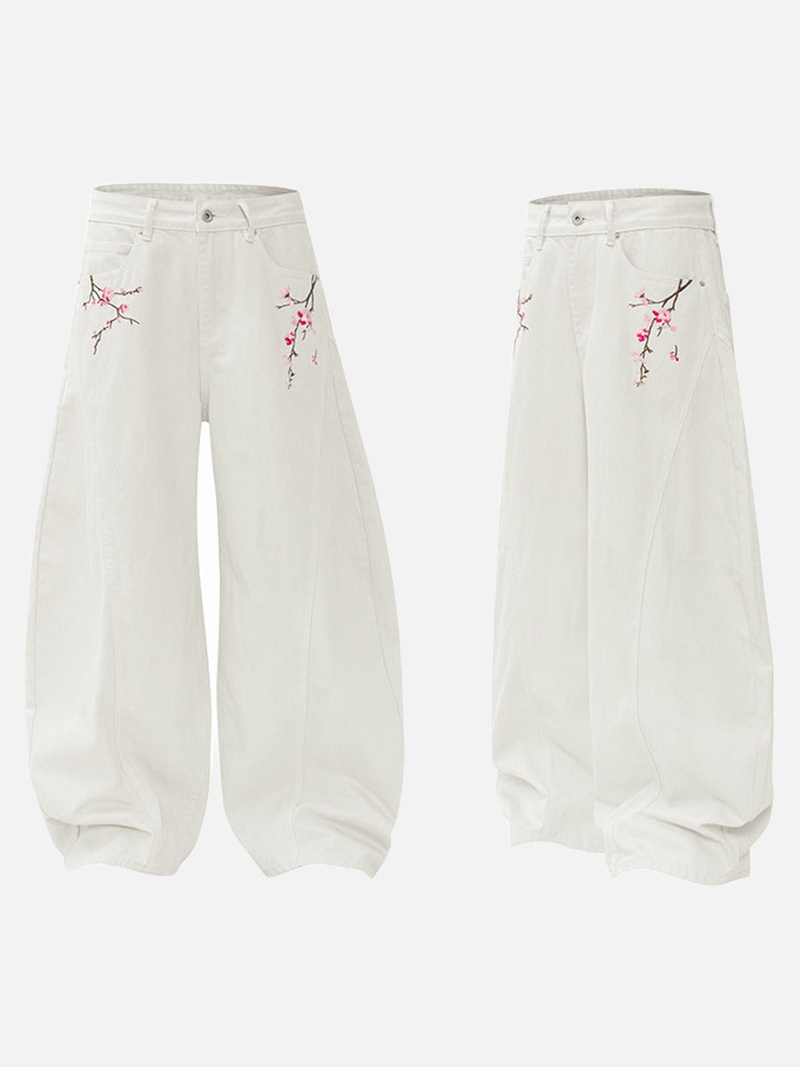 DAXUEN Women's wide-leg balloon pants with cherry blossom embroidery — model photo