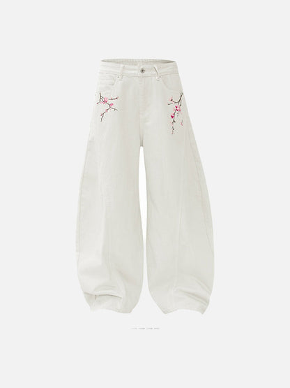 DAXUEN Women's wide-leg balloon pants with cherry blossom embroidery