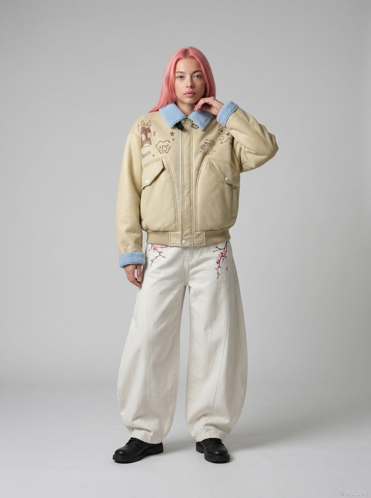 DAXUEN Women's wide-leg balloon pants with cherry blossom embroidery — model photo