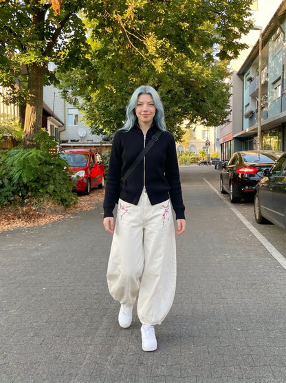 DAXUEN Women's wide-leg balloon pants with cherry blossom embroidery — model photo