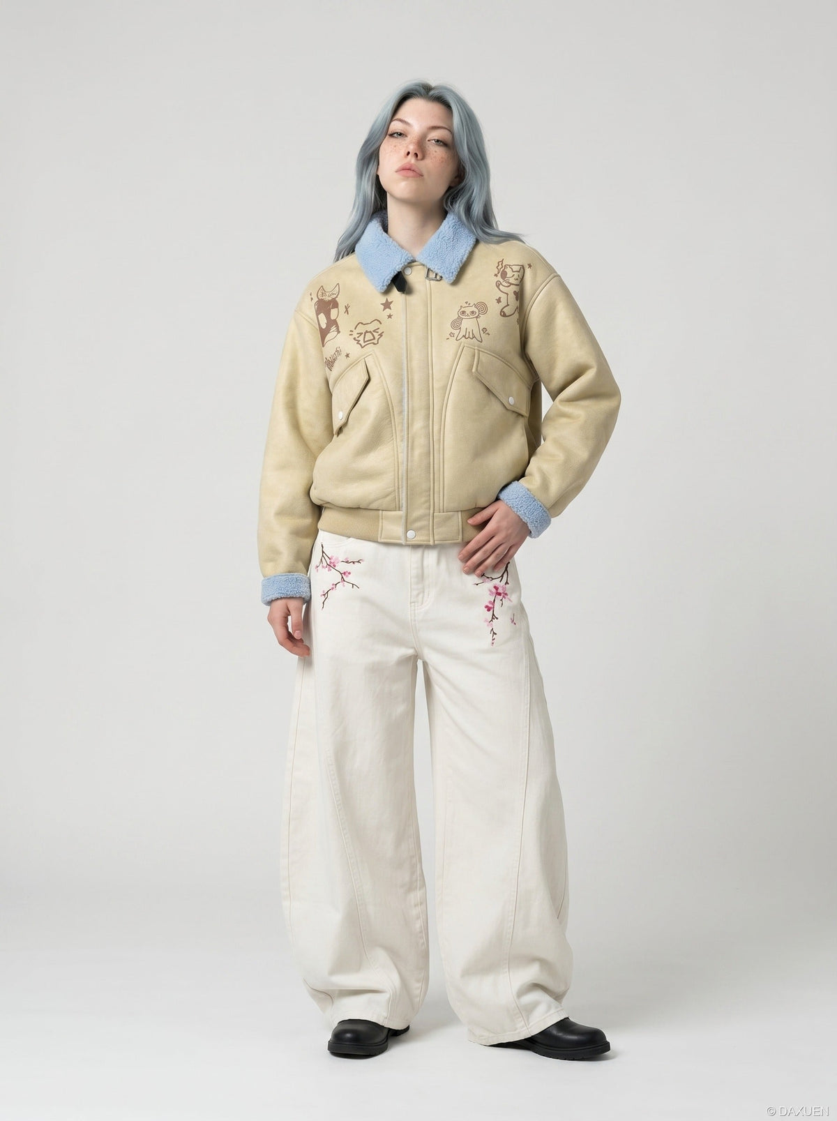 DAXUEN Women's wide-leg balloon pants with cherry blossom embroidery — model photo