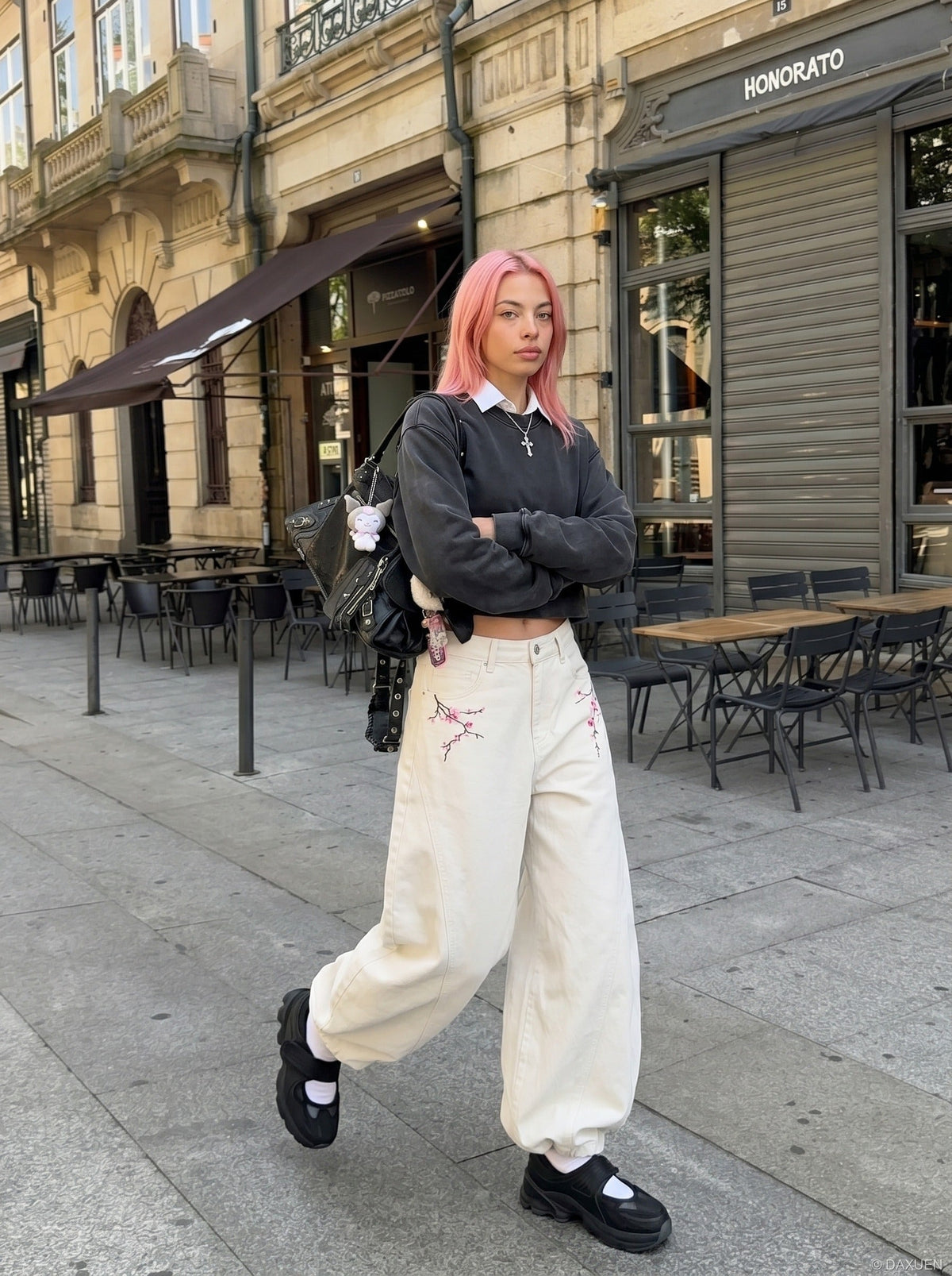 DAXUEN Women's wide-leg balloon pants with cherry blossom embroidery — model photo