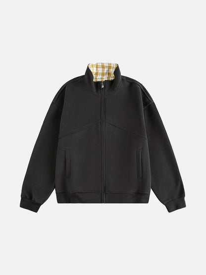 Contrast Plaid Mock Neck Zip-Up Jacket