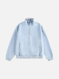Contrast Plaid Mock Neck Zip-Up Jacket