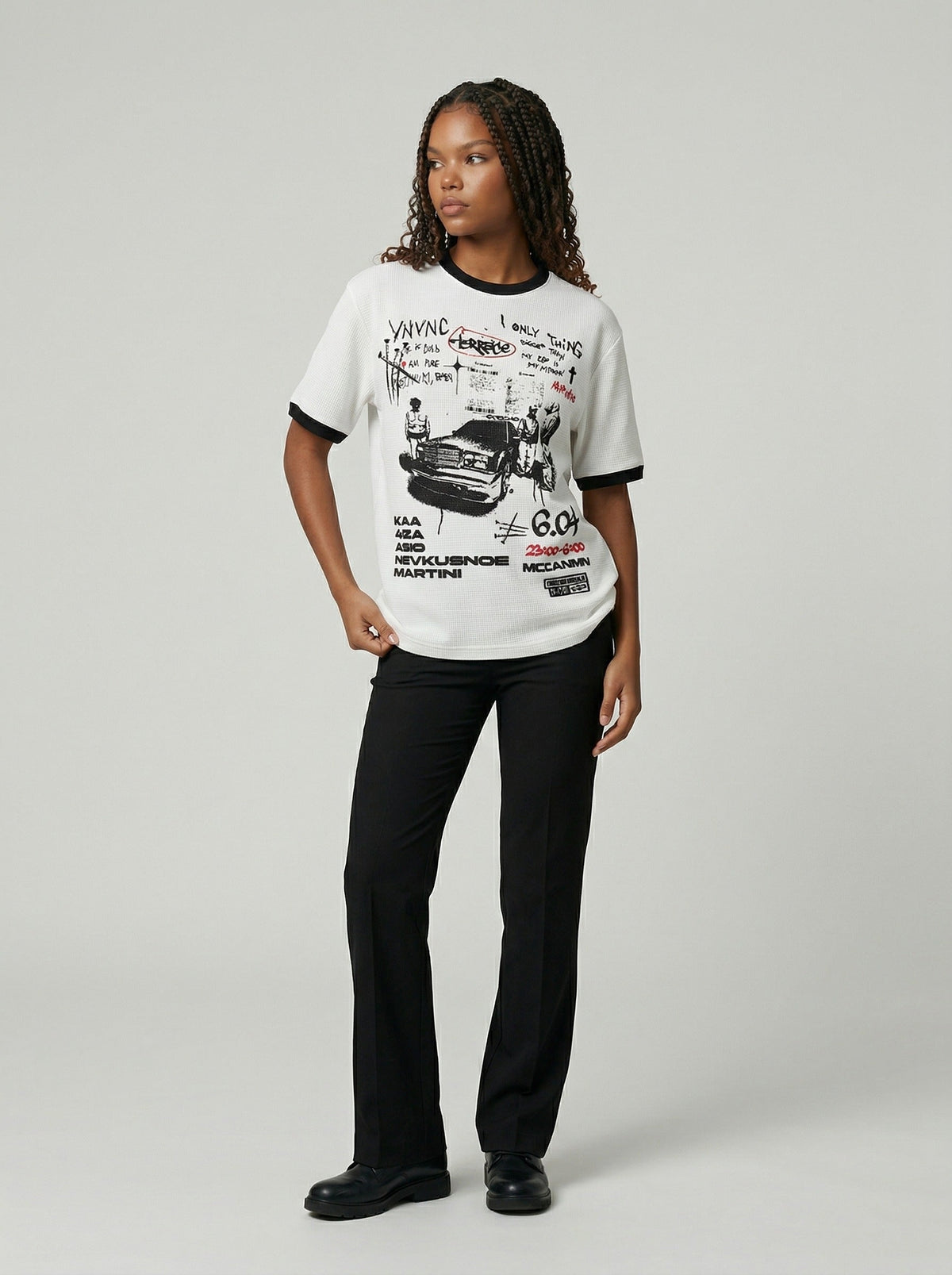 DAXUEN White waffle-knit graphic t-shirt with black and red print — model photo