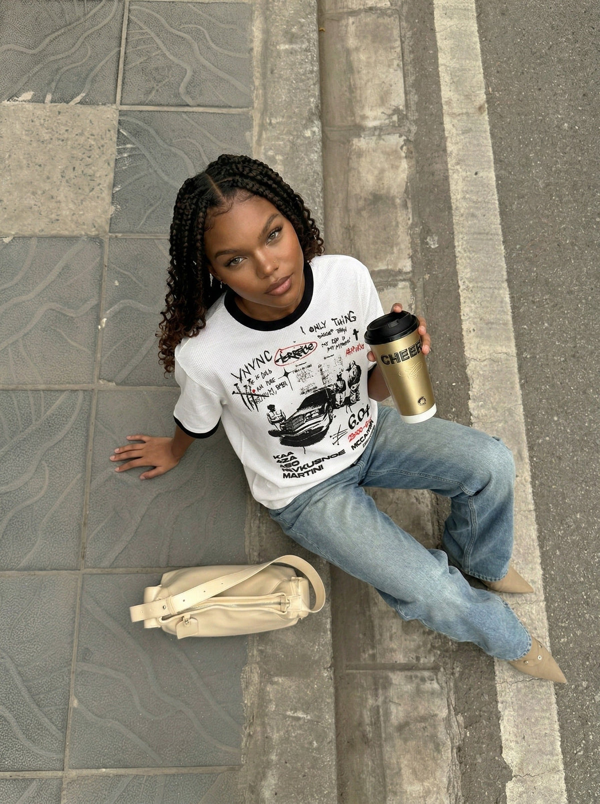 DAXUEN White waffle-knit graphic t-shirt with black and red print — model photo