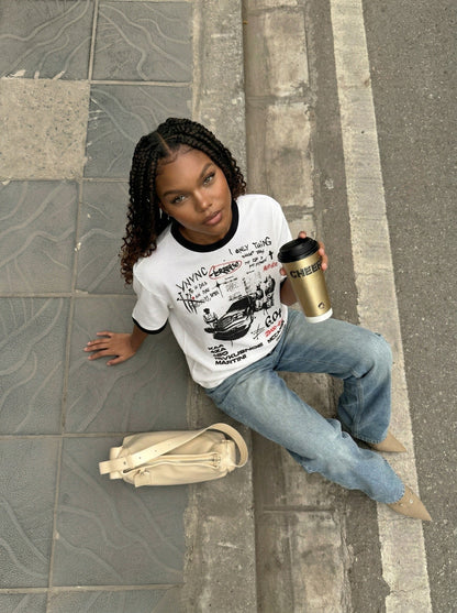 DAXUEN White waffle-knit graphic t-shirt with black and red print — model photo