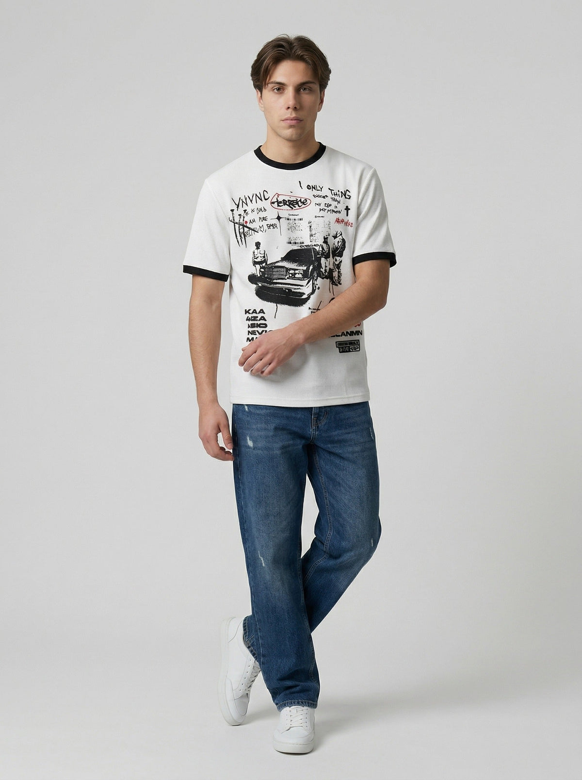 DAXUEN White waffle-knit graphic t-shirt with black and red print — model photo
