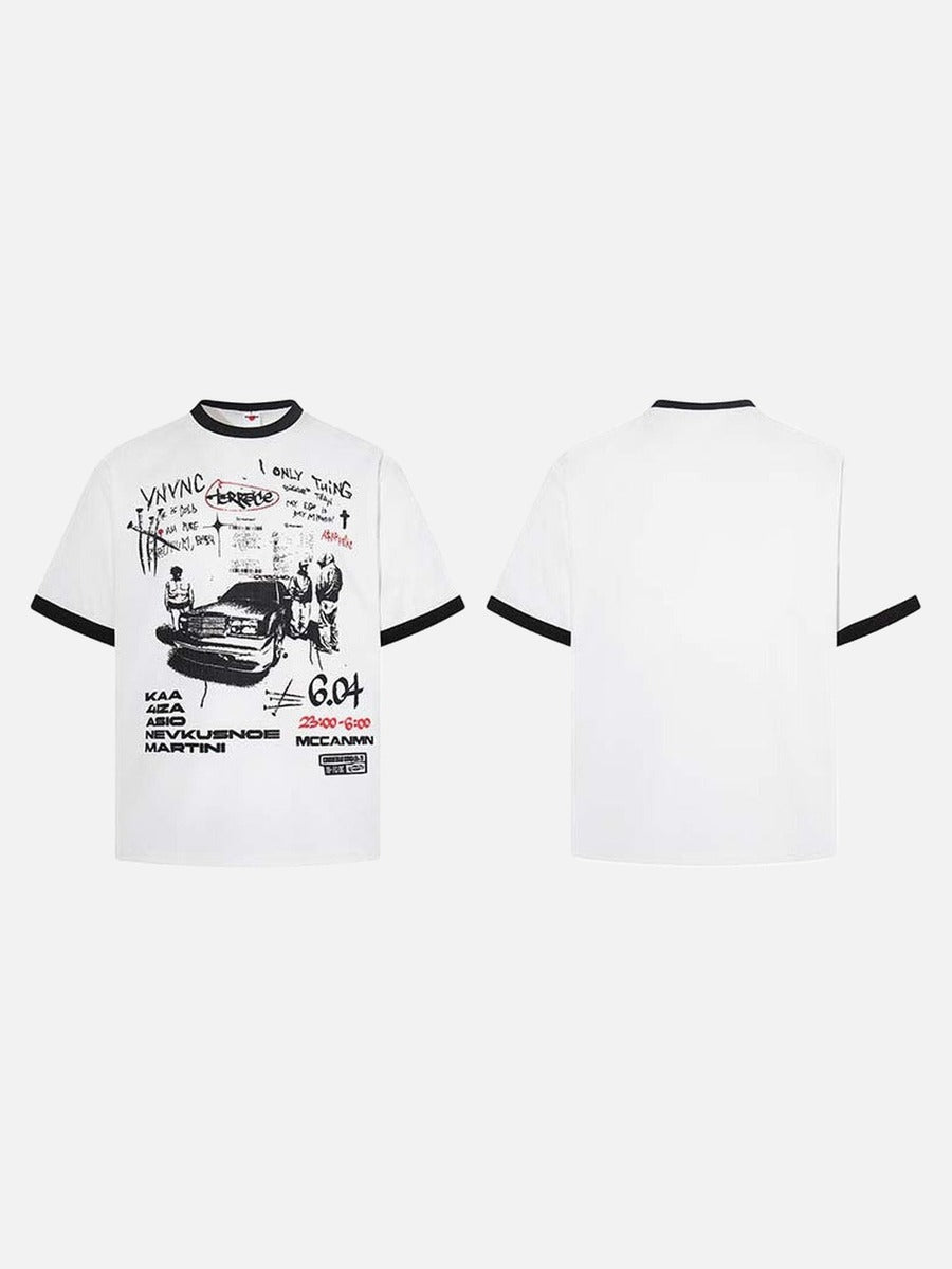 DAXUEN White waffle-knit graphic t-shirt with black and red print