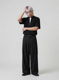 DAXUEN Waffle knit half-zip short sleeve top in grey and black — model photo