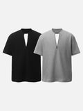 DAXUEN Waffle knit half-zip short sleeve top in grey and black