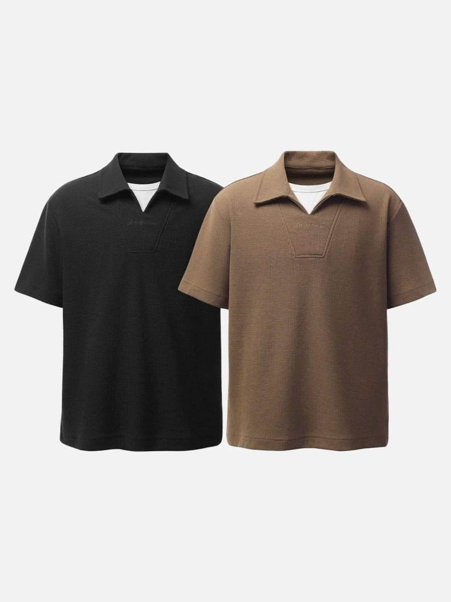 DAXUEN Waffle knit short sleeve polo shirt in brown and black