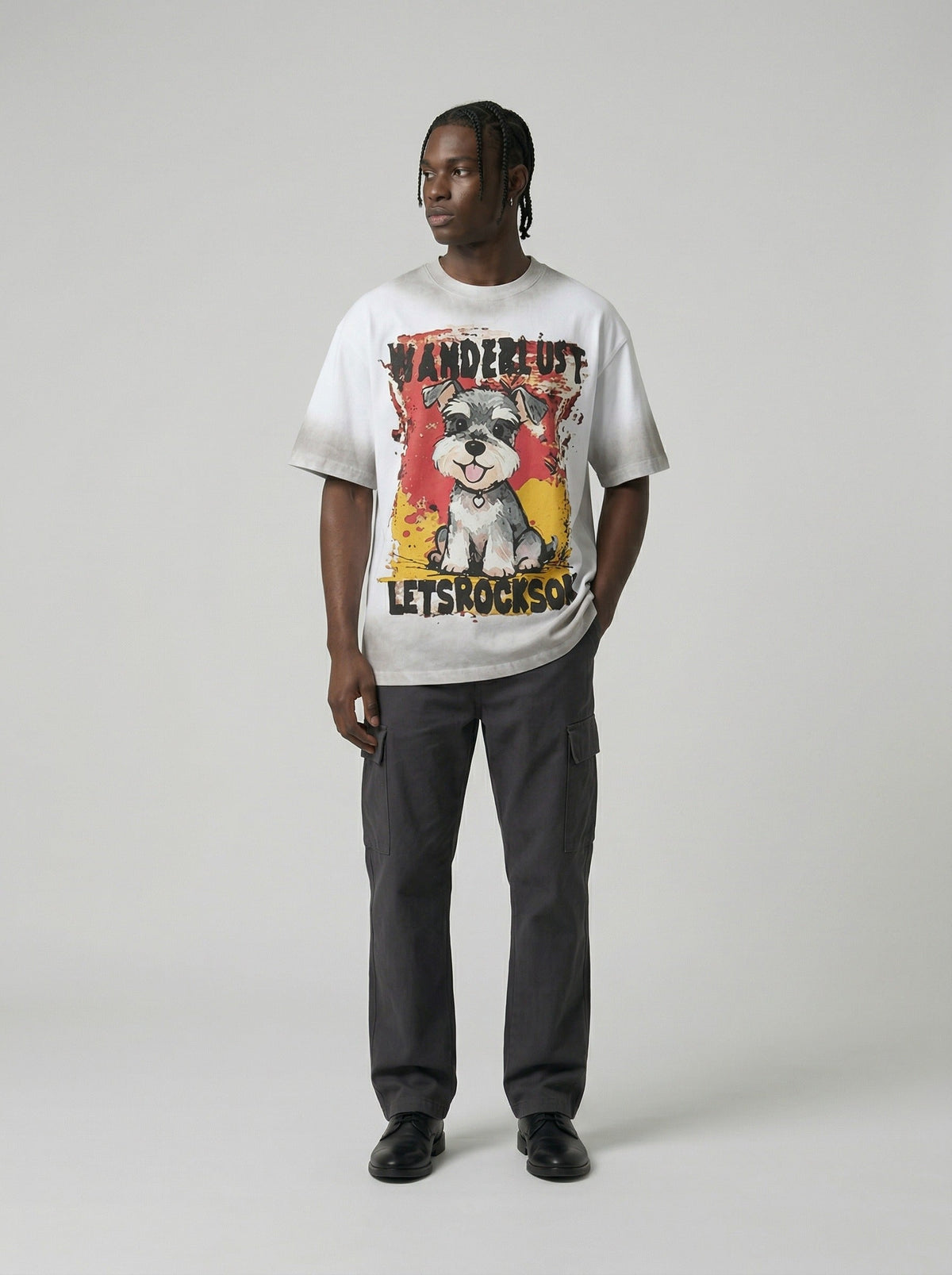 DAXUEN Cartoon schnauzer graphic t-shirt — model photo