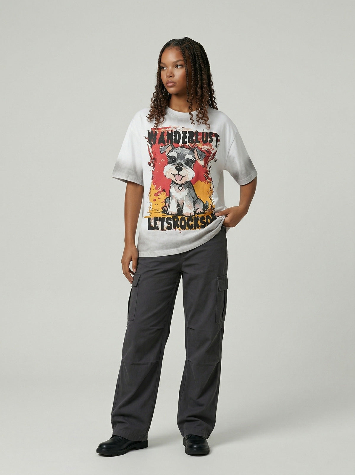 DAXUEN Cartoon schnauzer graphic t-shirt — model photo
