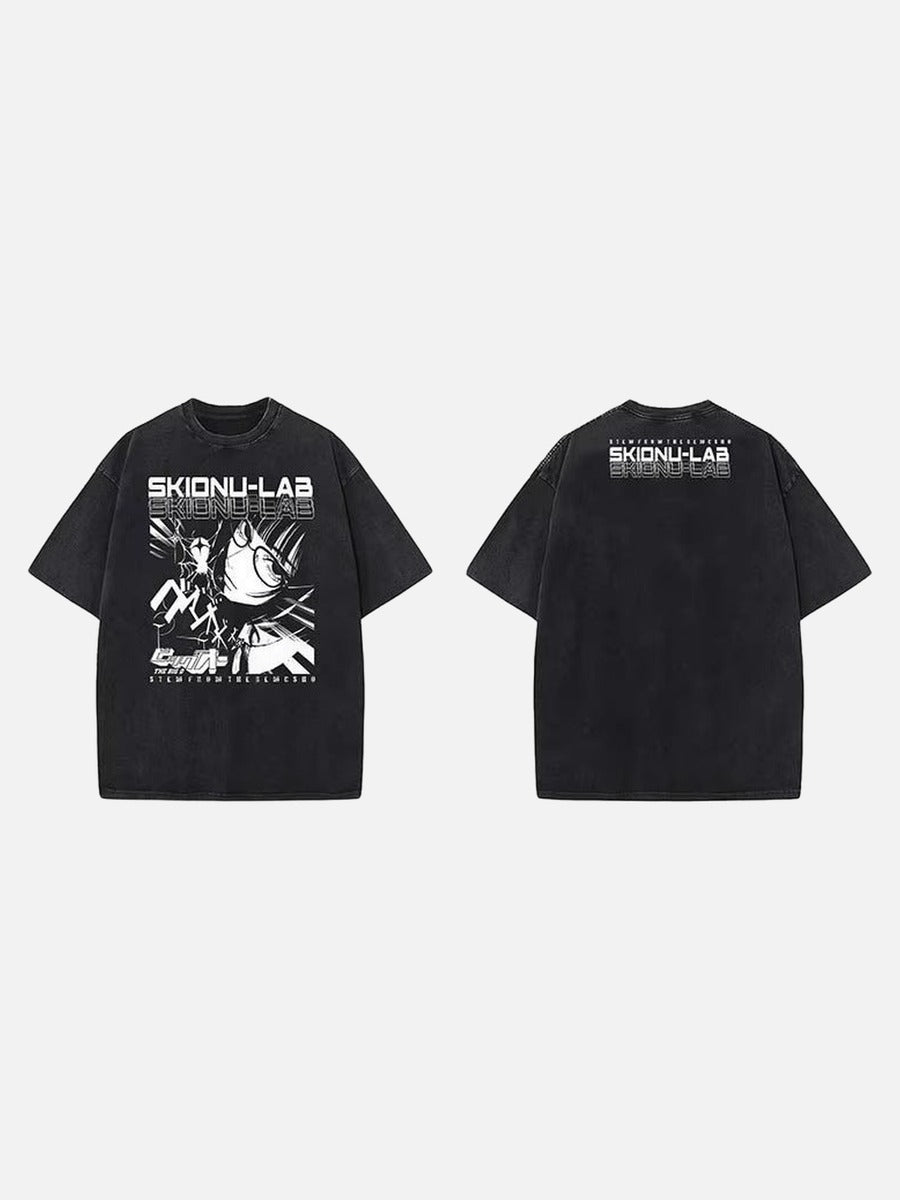 Washed black oversized short-sleeve t-shirt with anime graphic