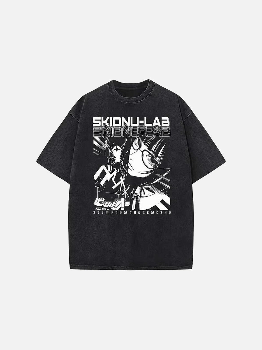 Washed black oversized short-sleeve t-shirt with anime graphic