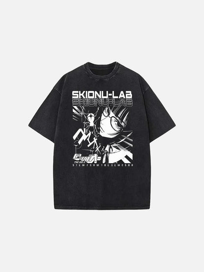 Washed black oversized short-sleeve t-shirt with anime graphic