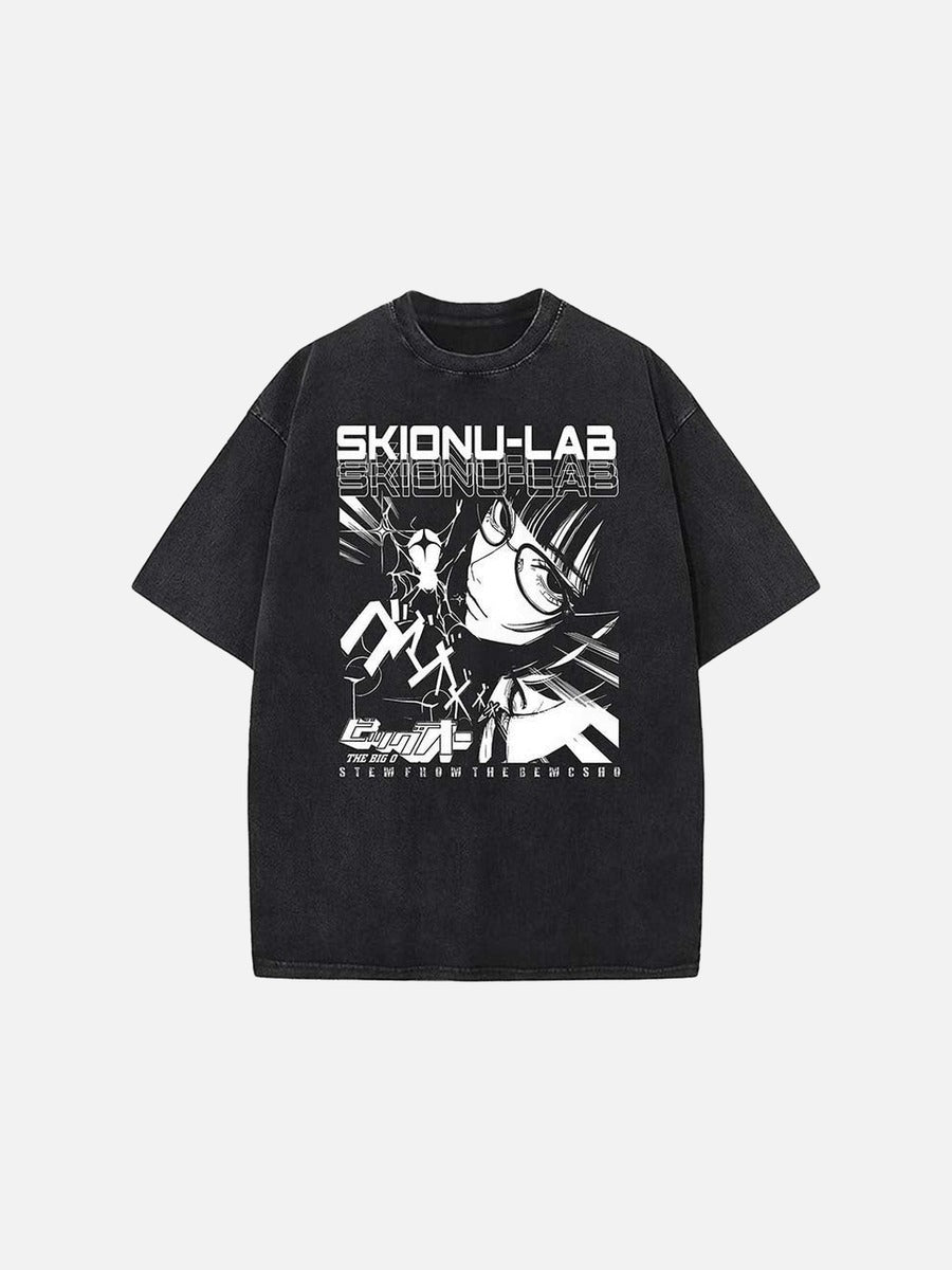 Washed black oversized short-sleeve t-shirt with anime graphic