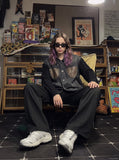 DAXUEN dark washed black denim with cable knit sleeves jacket — model photo