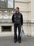 DAXUEN dark washed black denim with cable knit sleeves jacket — model photo