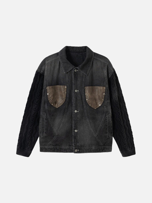 Washed Black Denim with Cable Knit Sleeves Jacket