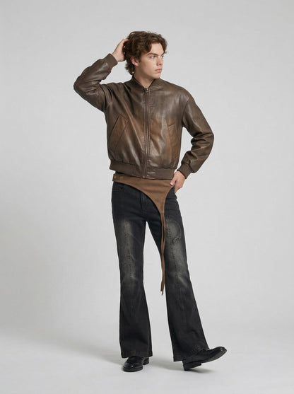 DAXUEN Washed black flared jeans with brown faux suede panel — model photo