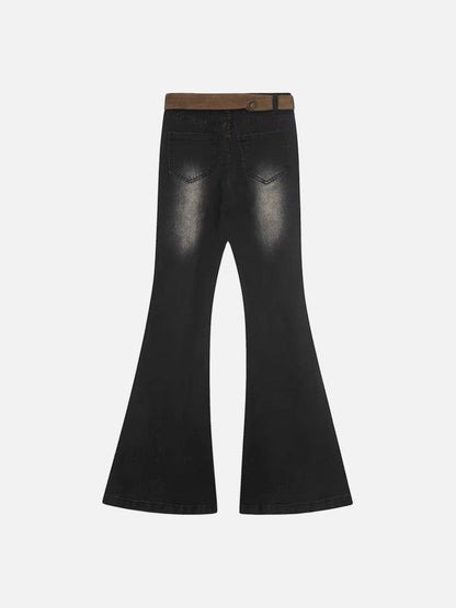 DAXUEN Washed black flared jeans with brown faux suede panel