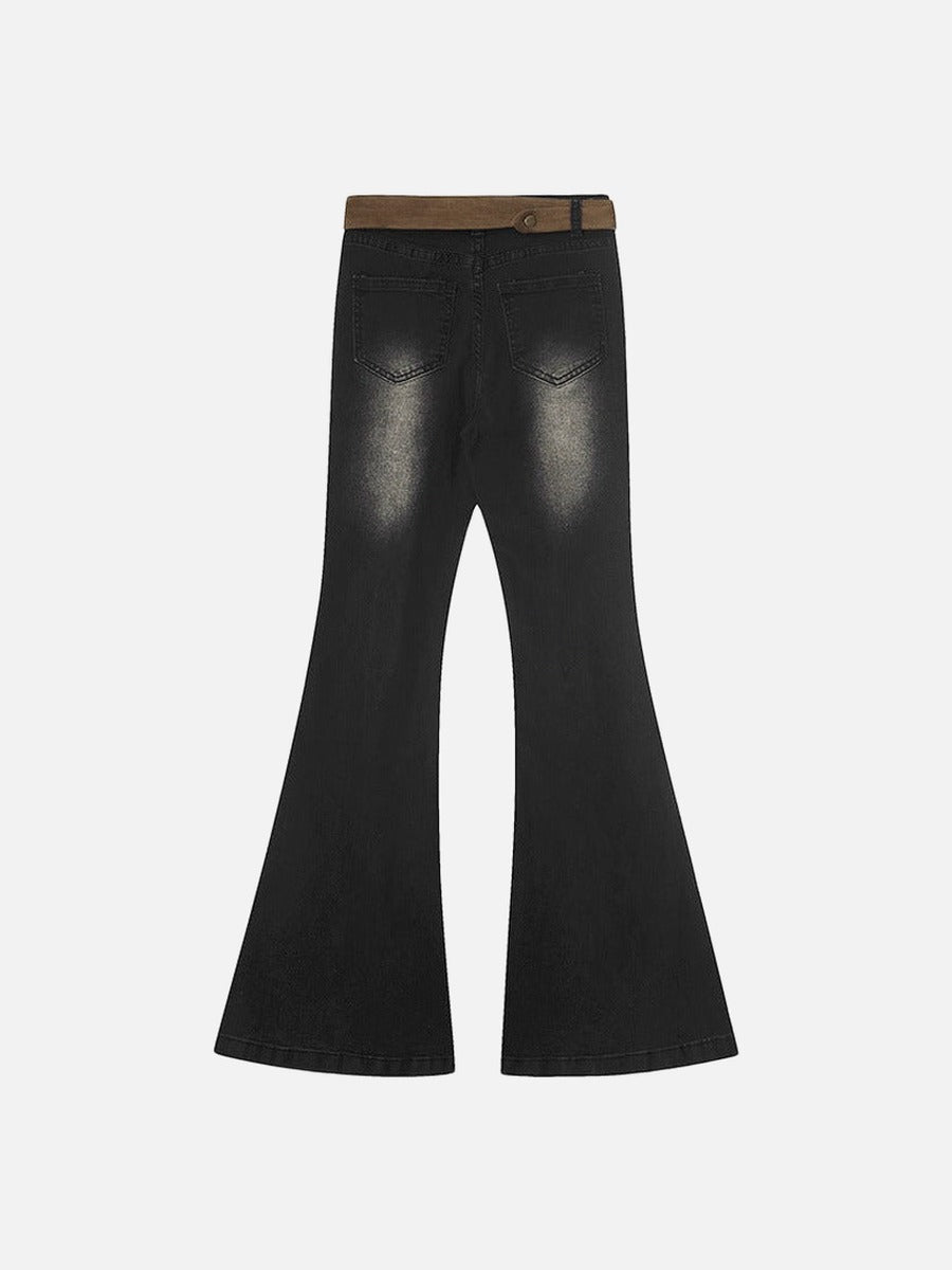 DAXUEN Washed black flared jeans with brown faux suede panel