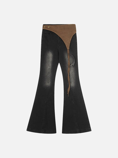 DAXUEN Washed black flared jeans with brown faux suede panel