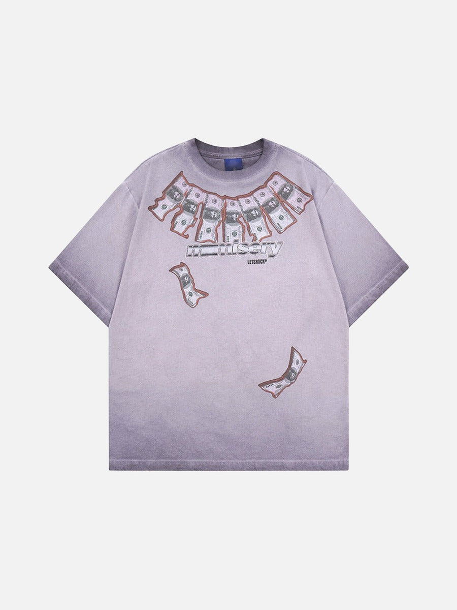DAXUEN Washed oversized graphic t-shirt with dollar bills and 'misery' print