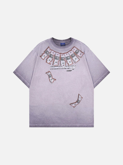 DAXUEN Washed oversized graphic t-shirt with dollar bills and 'misery' print