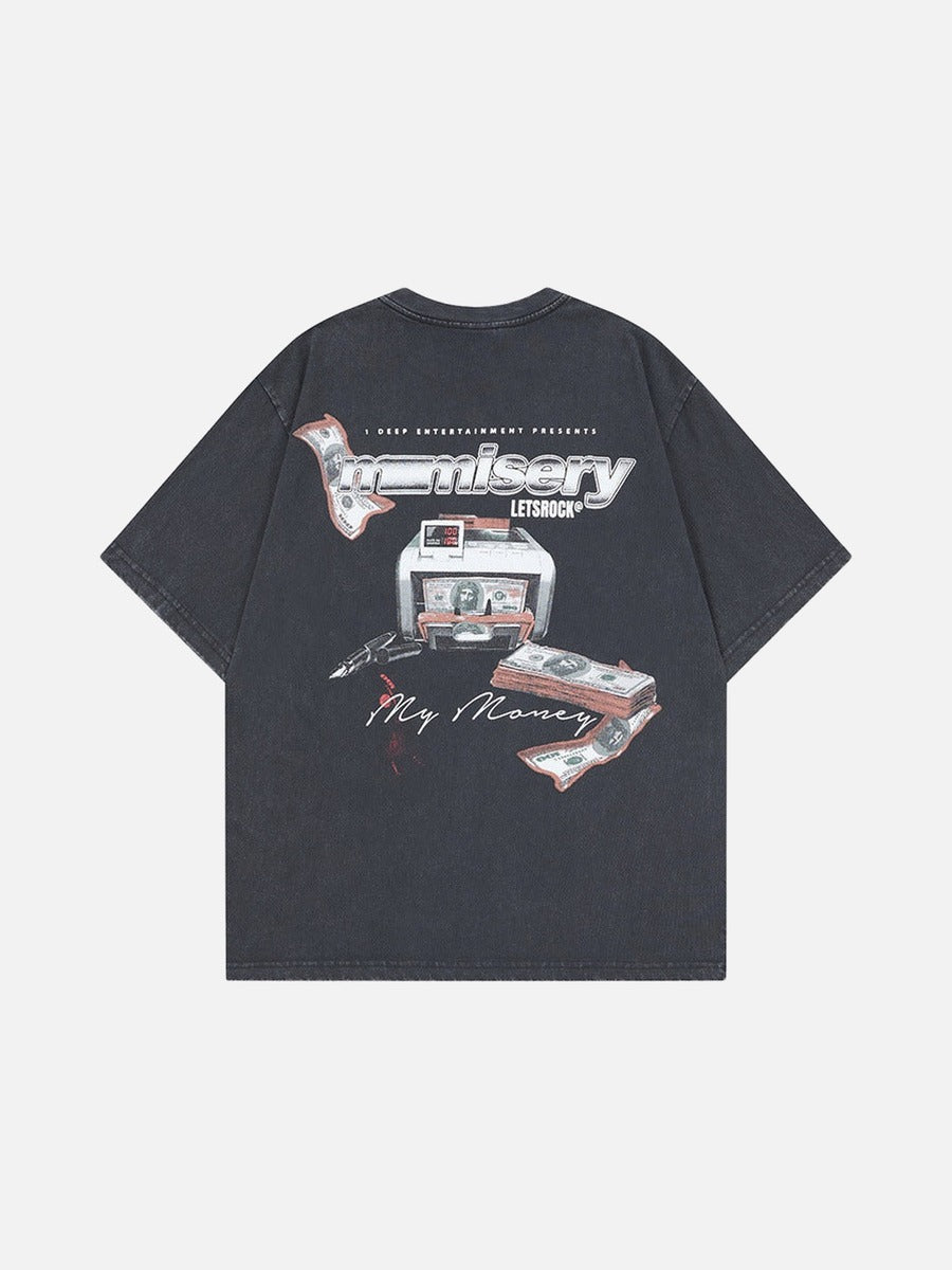 DAXUEN Washed oversized graphic t-shirt with dollar bills and 'misery' print