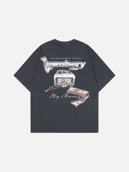 DAXUEN Washed oversized graphic t-shirt with dollar bills and 'misery' print