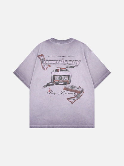 DAXUEN Washed oversized graphic t-shirt with dollar bills and 'misery' print