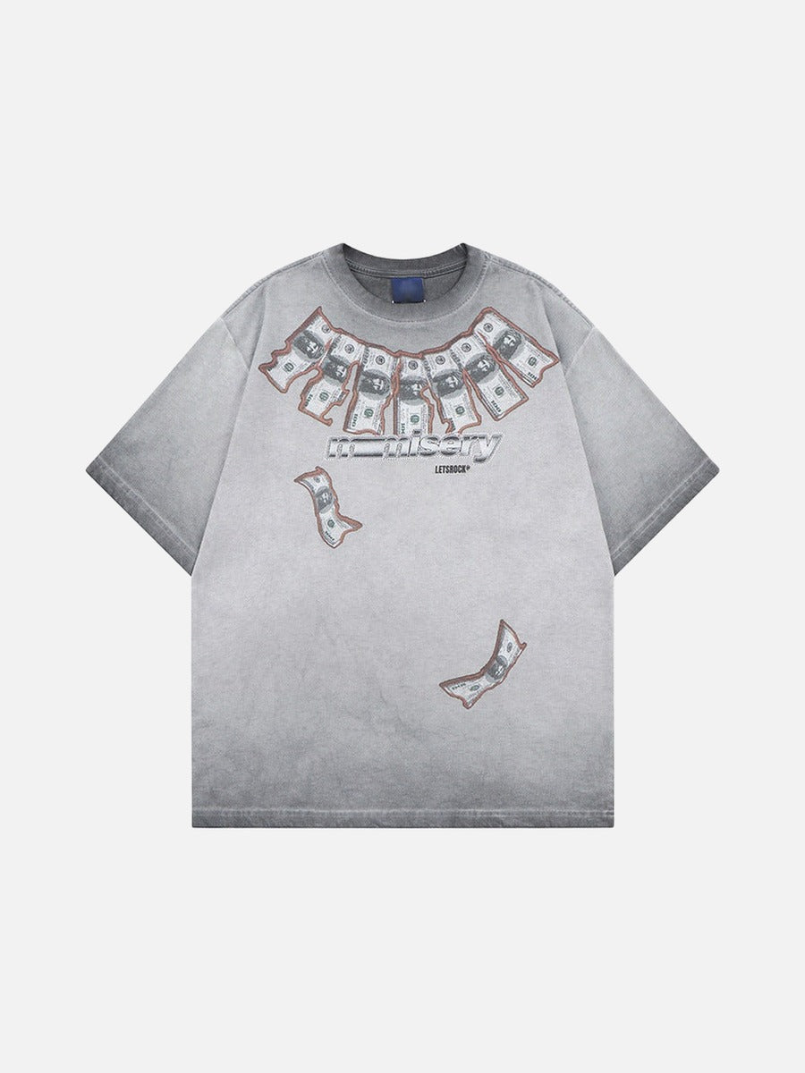 DAXUEN Washed oversized graphic t-shirt with dollar bills and 'misery' print