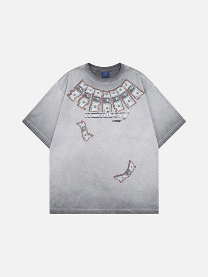 DAXUEN Washed oversized graphic t-shirt with dollar bills and 'misery' print