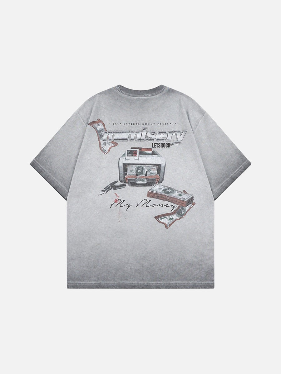 DAXUEN Washed oversized graphic t-shirt with dollar bills and 'misery' print