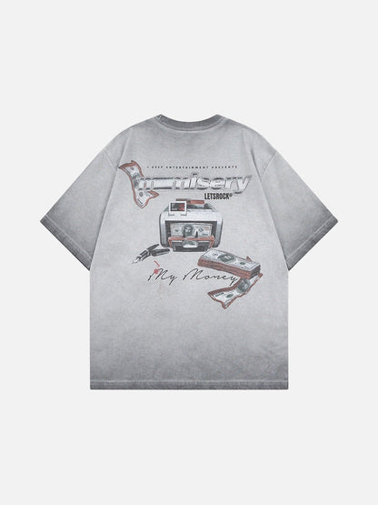 DAXUEN Washed oversized graphic t-shirt with dollar bills and 'misery' print