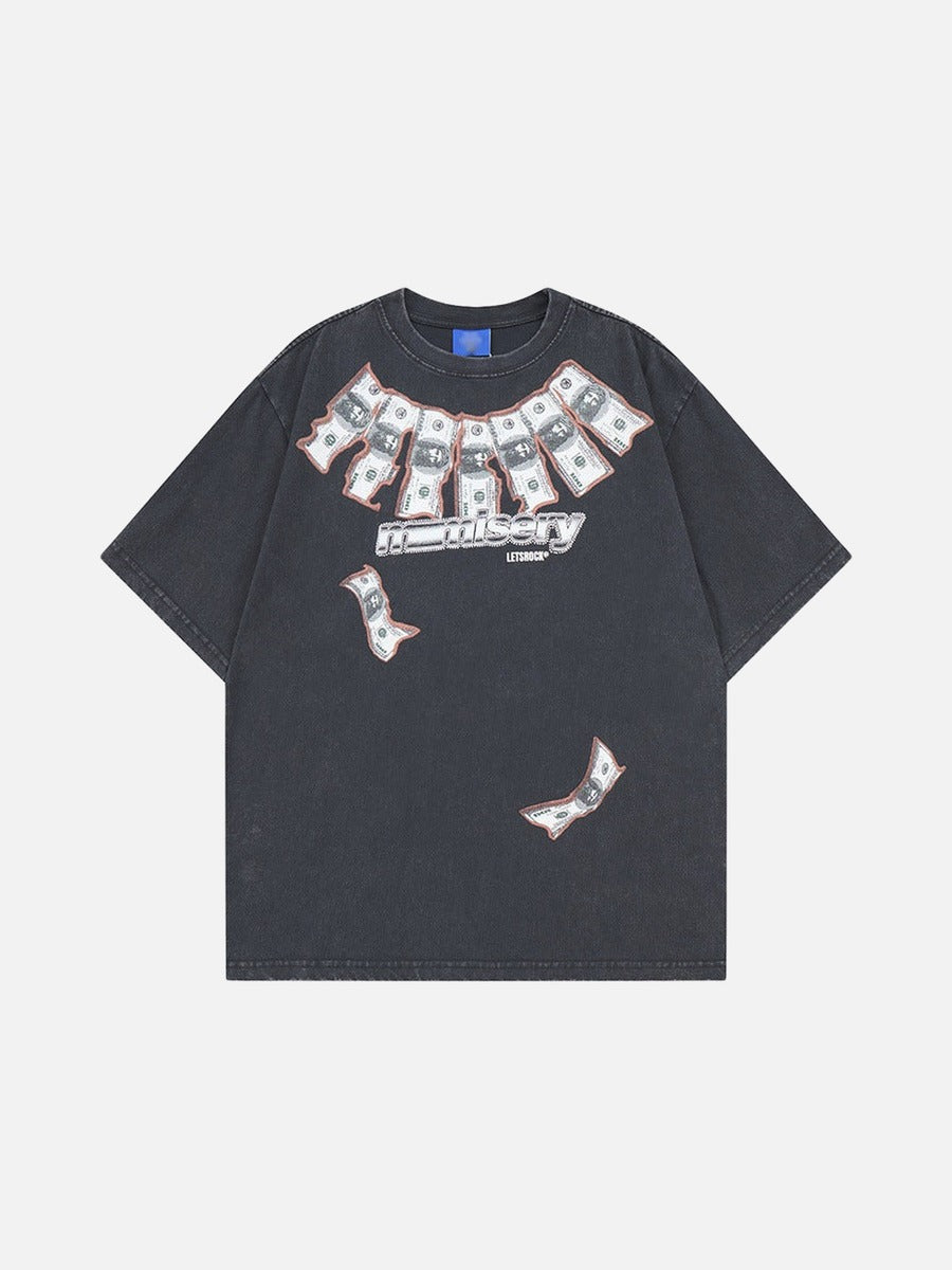 DAXUEN Washed oversized graphic t-shirt with dollar bills and 'misery' print