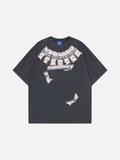 DAXUEN Washed oversized graphic t-shirt with dollar bills and 'misery' print