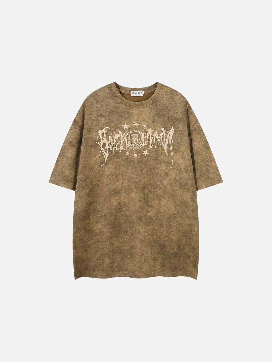 Washed graphic t-shirt with stars and emblem design
