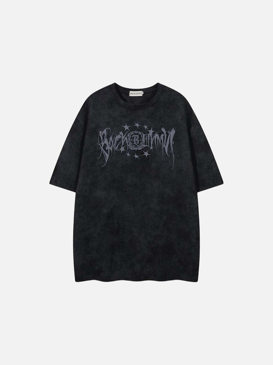 Washed graphic t-shirt with stars and emblem design