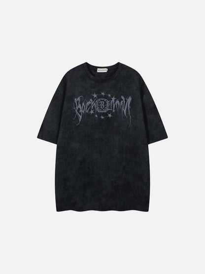 Washed graphic t-shirt with stars and emblem design