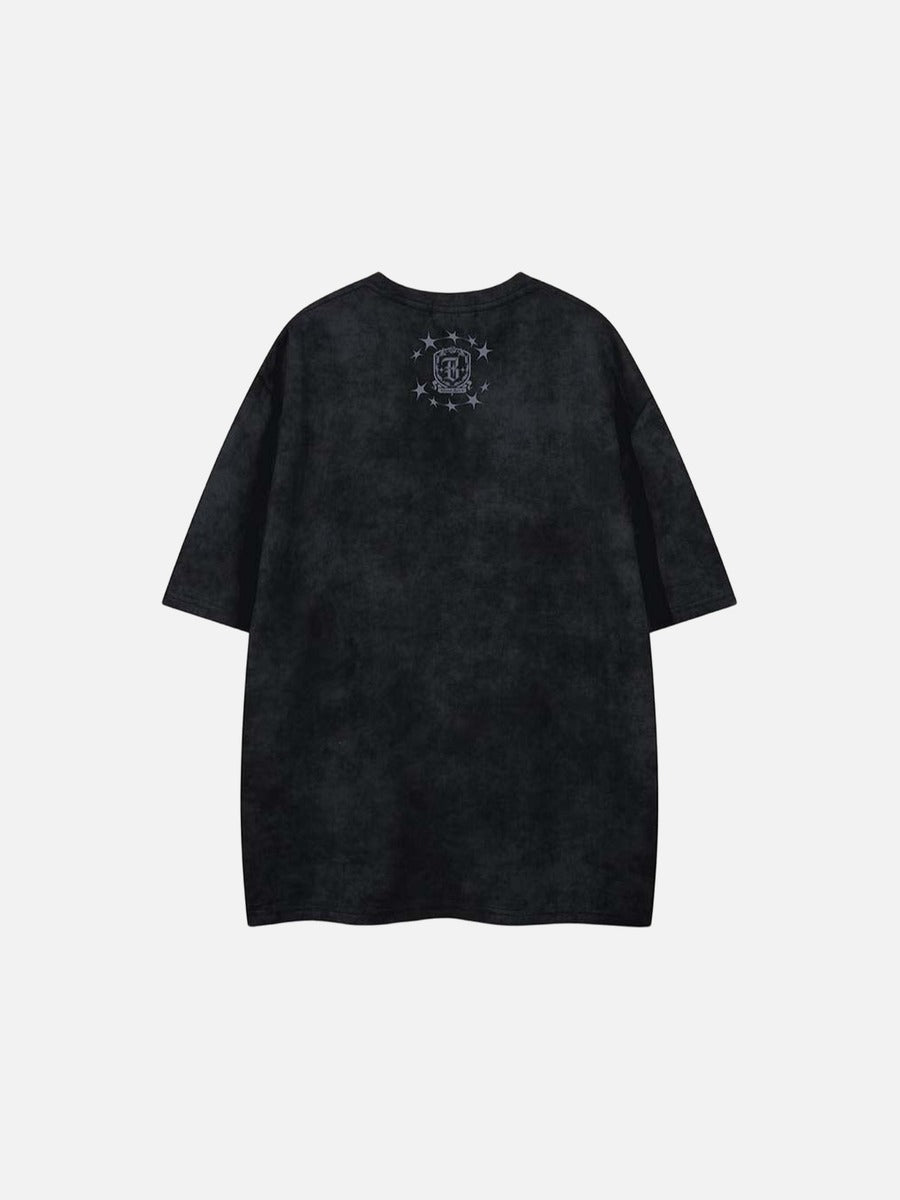 Washed graphic t-shirt with stars and emblem design